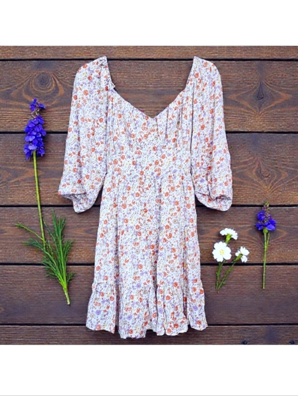 NEW Illa Illa Romantic Floral Playful Open Back Cottagecore Balloon Sleeve Dress